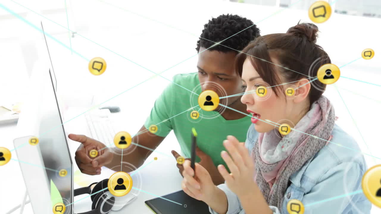 Animation of network of connections with icons over diverse business people in office