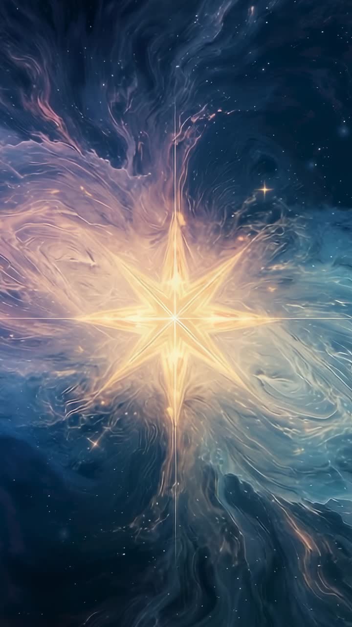 Vertical video: Emerging eight-pointed star pulsing rays in nebula, with swirling pink-blue clouds