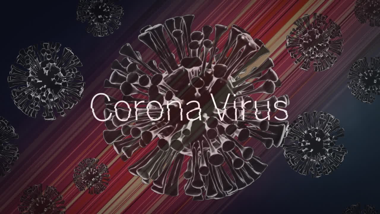 animación de la palabra coronavirus sobre las células macro covid19 19 en un fondo colorido
