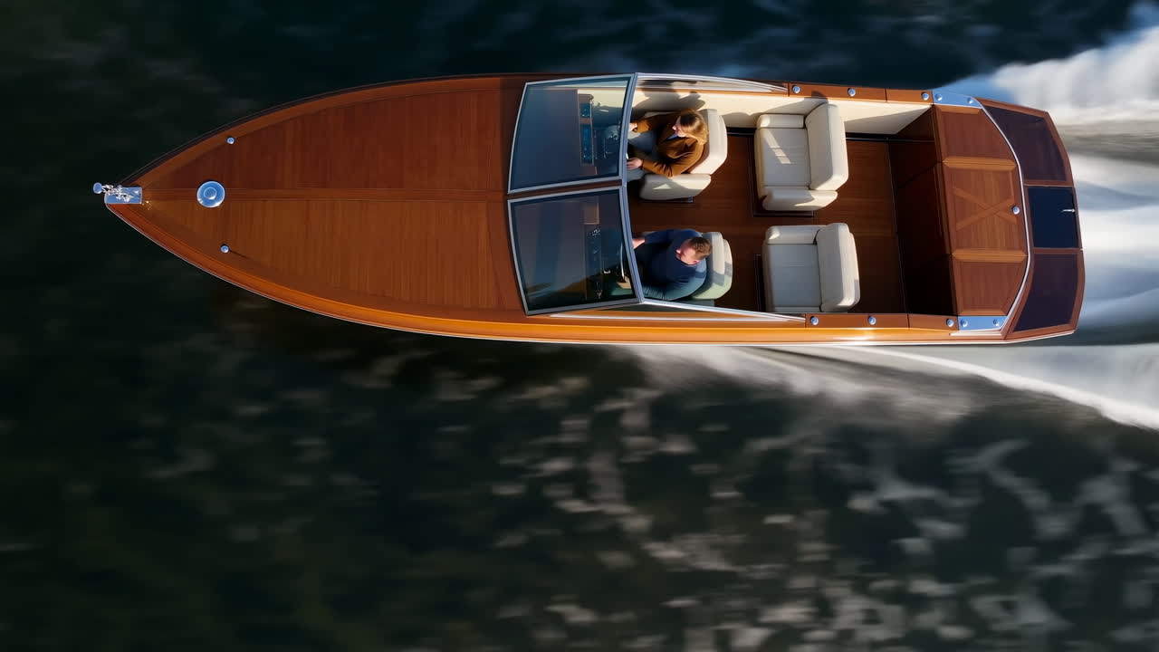 Vista aerea di un classico motoscafo in legno con due uomini che navigano sull'acqua