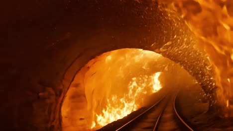 flames engulf the interior of a dark and narrow tunnel, creating a spectacle of intense heat and destruction