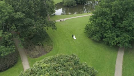 Aerial-of-Young-Wedding-Couple-Walking-on-Grass-in-a-Park-holding-Hands-with-a-Small-Pond-in-the-background
