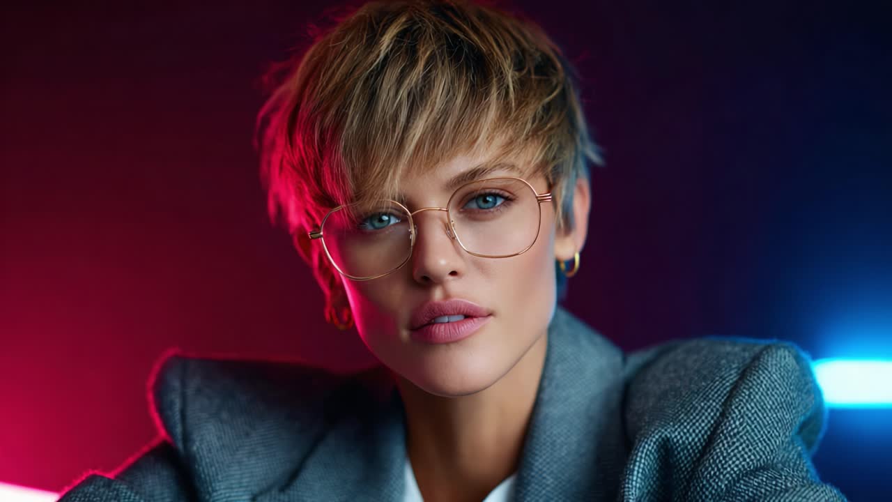 Captivating Portrait of a Stylish Individual with Short Hair and Glasses, Set Against a Vibrant Neon Background That Highlights Their Unique Style and Charisma