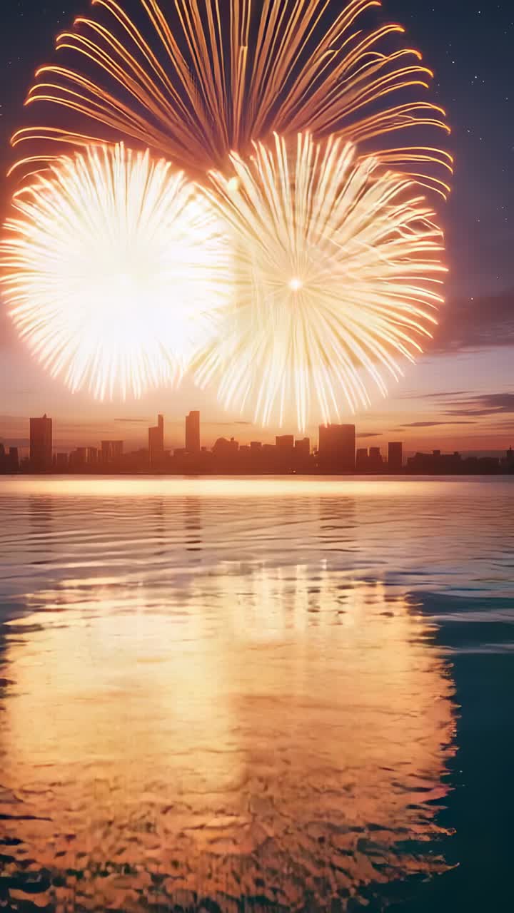 Vertical video: Firework explosion launching gold shells over water at dusk reflecting city skyline