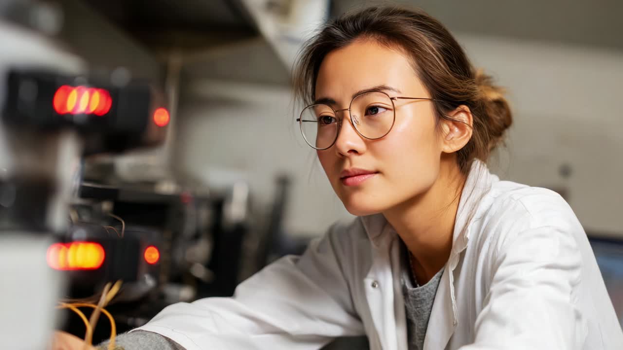Focused Scientist Analyzing Data in a Laboratory Setting, Wearing Protective Gear and Engaged in Experimentation with Scientific Equipment for Research and Innovation Advancement