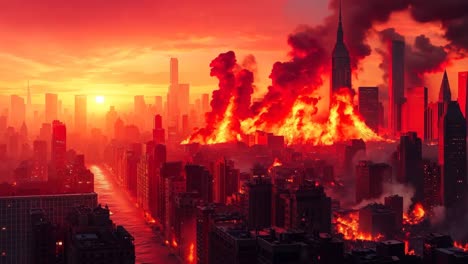 a city with a lot of buildings on fire in the middle of it