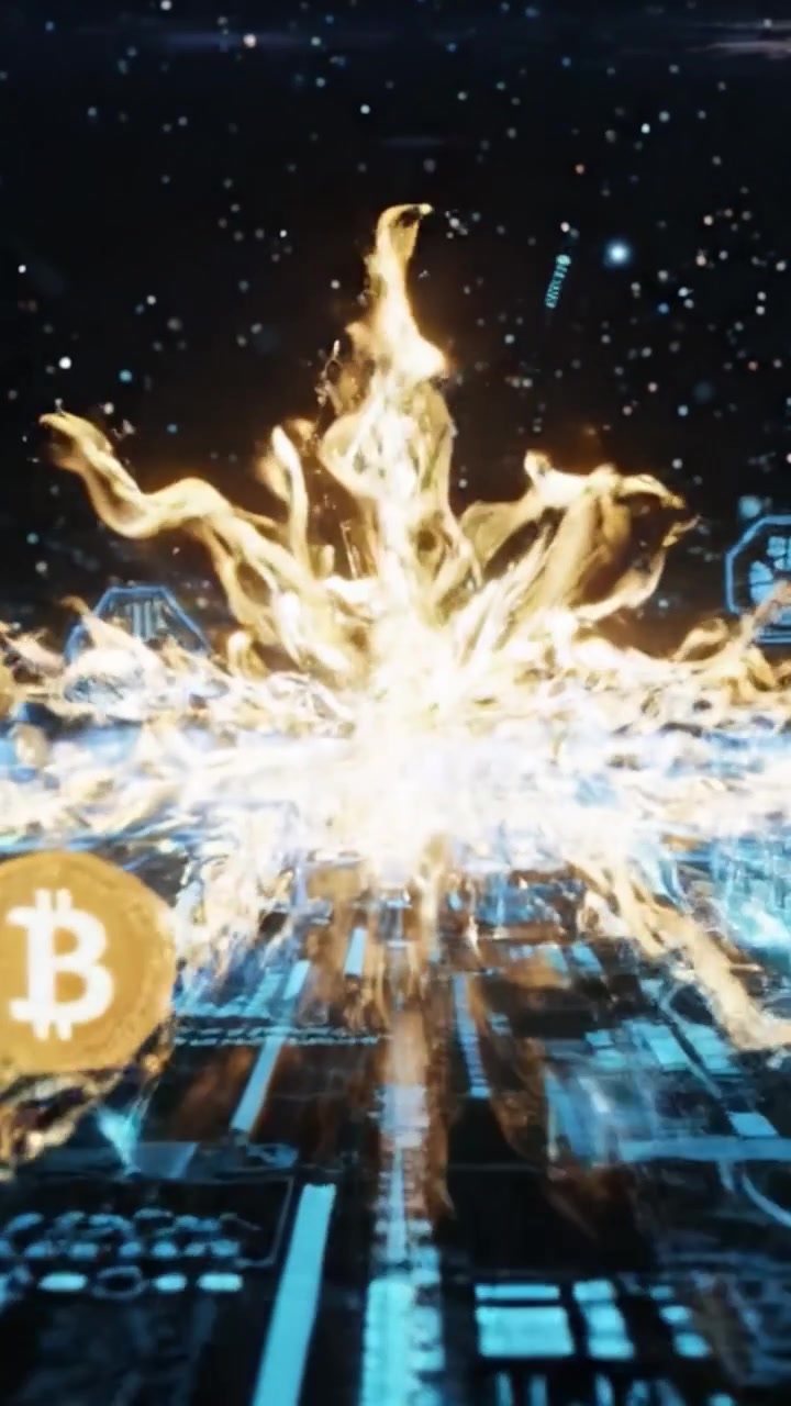 Un'esplorazione futuristica della tecnologia Blockchain e della visualizzazione dei dati di criptovalute in un ambiente digitale immersivo ricco di elementi luminosi