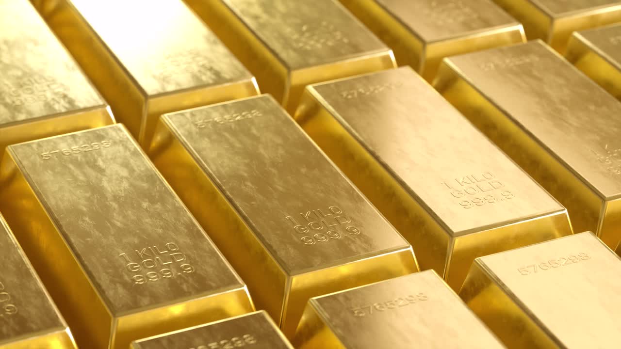 Raw of gold bars in line 3d render video