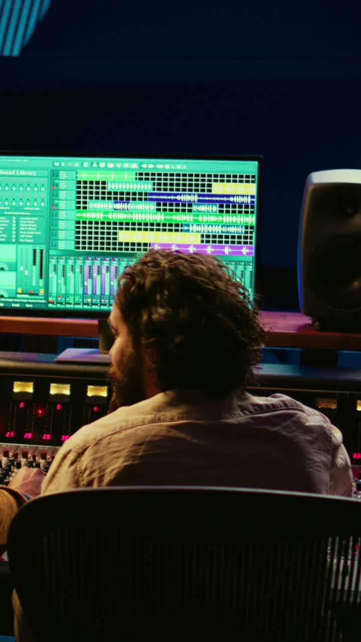 Audio Engineer Working on Sound Mixing Console in Recording Studio
