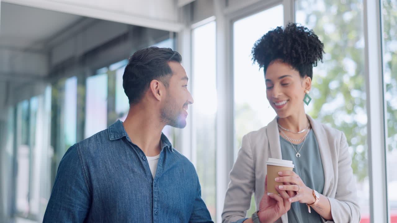 Coffee, talking and business people walking