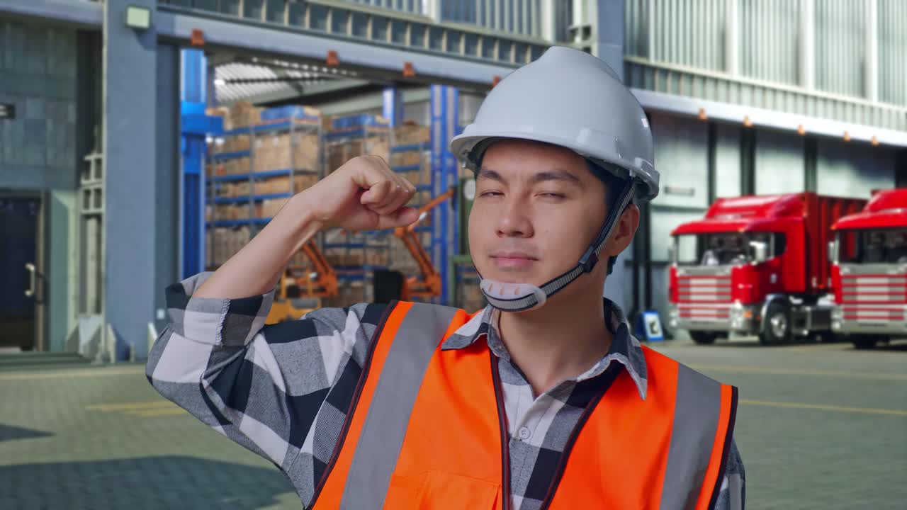 Close Up Of Asian Male Engineer With Safety Helmet Flexing His Bicep And Smiling To Camera While Standing , Outside of Logistics Distributions Warehouse