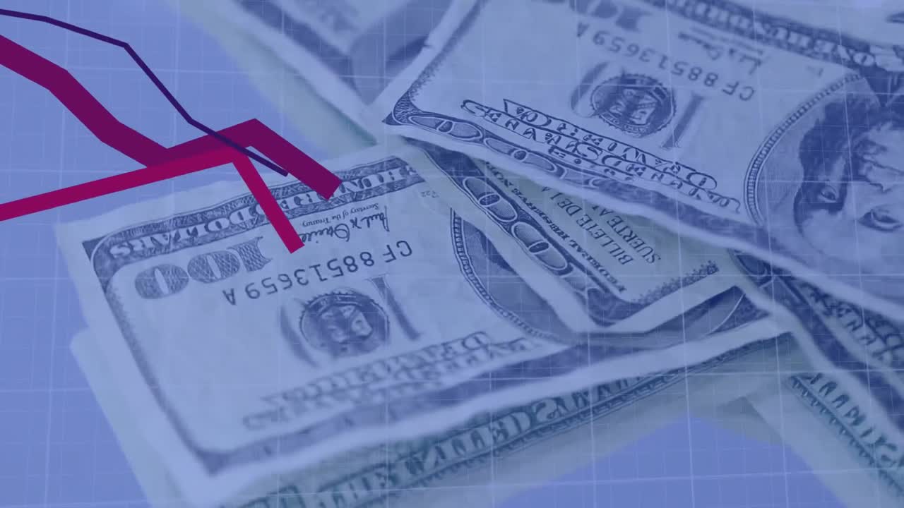 Animation of financial data processing with red lines over american dollar bills
