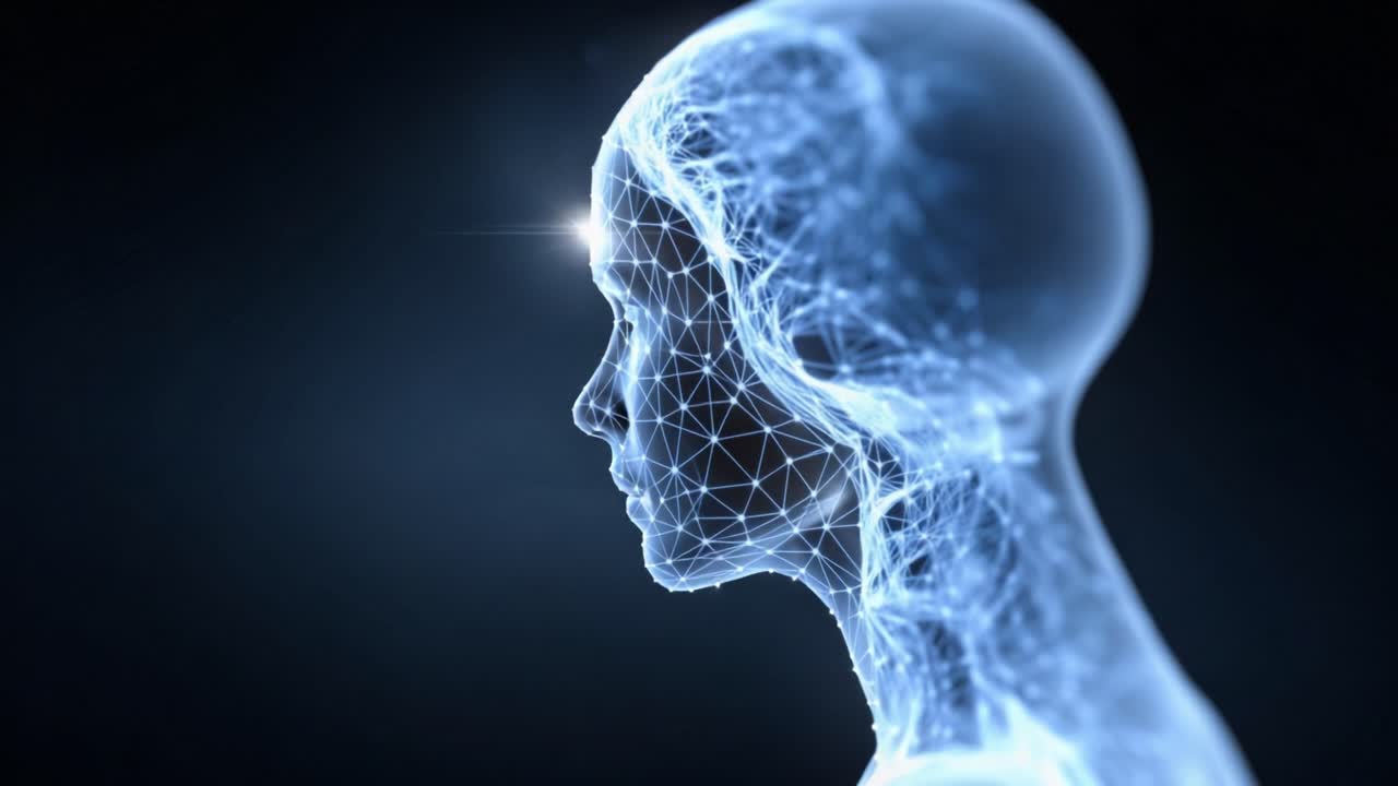 Una rappresentazione futuristica di una figura umanoide illuminata con motivi cosmici, che mostra la connessione tra intelligenza artificiale e caratteristiche umane