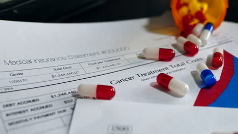 red and blue cancer treatment drug pills on a prop medical health insurance form showing high patient costs for healthcare