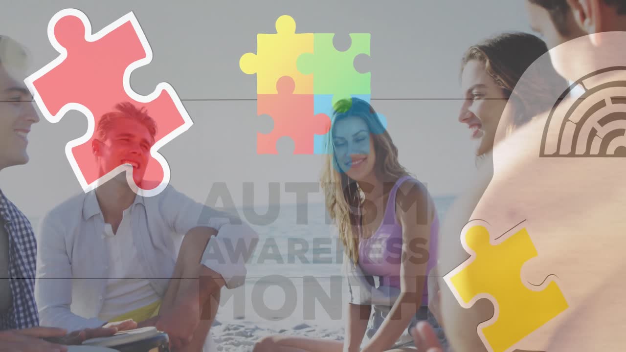 Animation of colourful puzzle pieces and autism text over happy friends at summer beach party