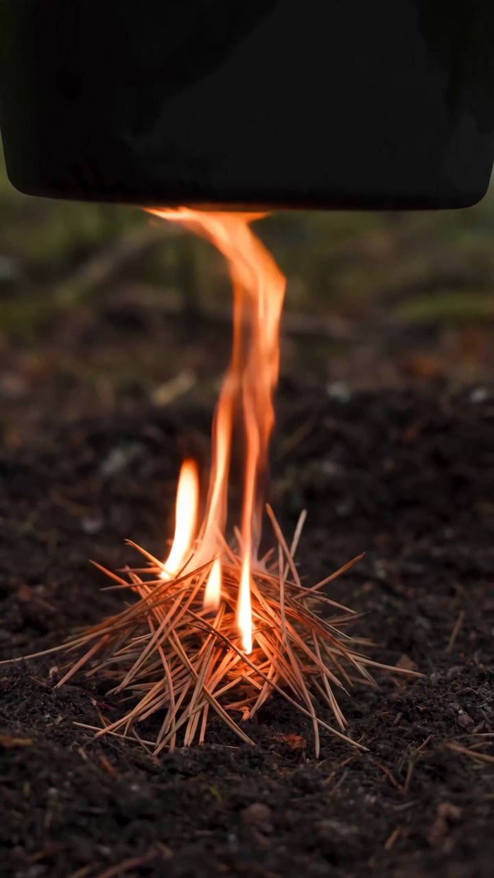 Sequential close-up documenting campfire-starting process from needle gathering to vigorous flame beneath vehicle bumper