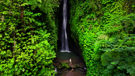 Persona-De-Pie-Sobre-Las-Rocas-De-La-Cascada-Leke-Leke-Escondida-En-Una-Exuberante-Vegetación,-Bali-En-Indonesia