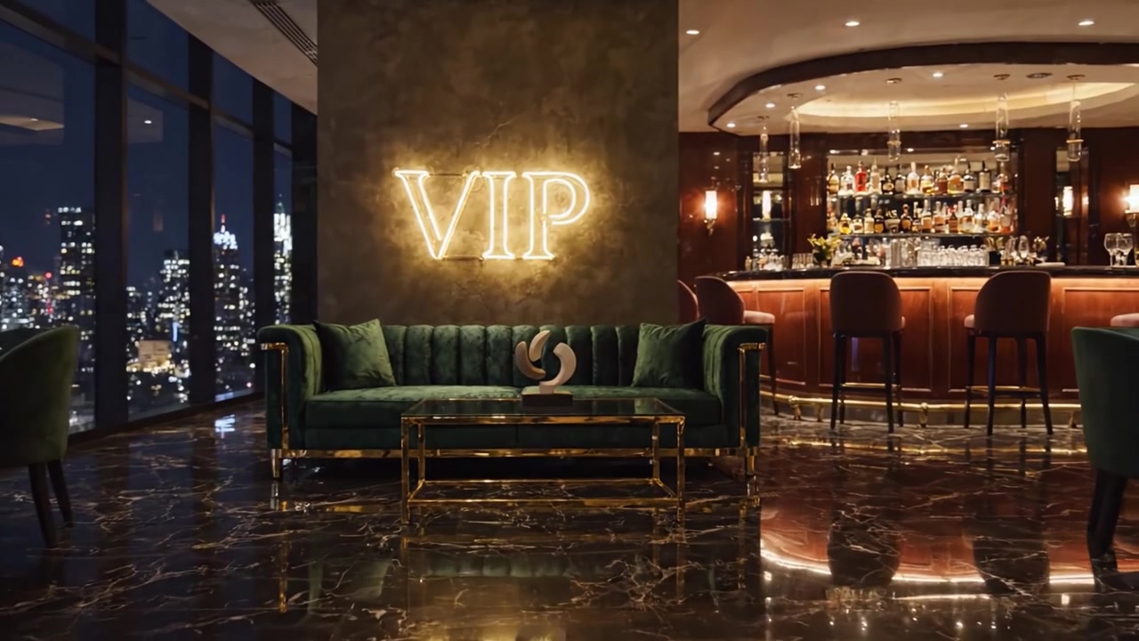Tyylikäs VIP-lounge, jossa on muhkeat vihreät samettiset istuimet ja tyylikäs baari ylellisessä yöympäristössä, jossa on tunnelmavalaistus ja eloisat kaupunkinäkymät