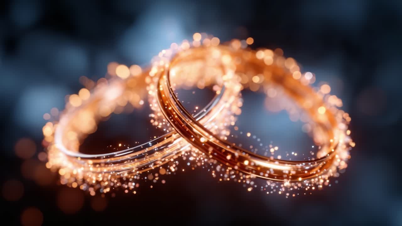 En vacker uppvisning av eleganta vigselringar omgivna av en gnistrande aura, som fångar essensen av kärlek och engagemang i ett fängslande arrangemang