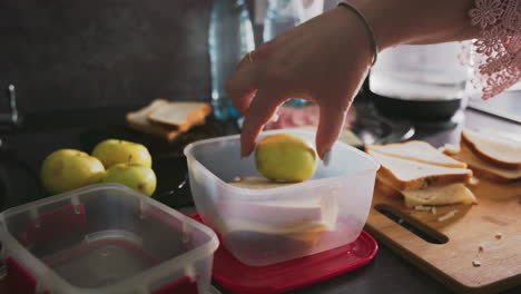 Caregiver packs sandwich into plastic container while preparing nutritious school lunch in kitchen, surrounded by green apples, bread slices, cutting board, and sealed containers during busy morning routine