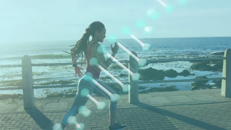 animation of dna strain spinning over woman jogging on promenade by the sea