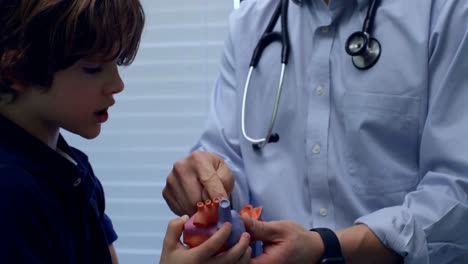 vista lateral de un joven médico asiático que muestra un modelo de corazón a un paciente caucásico en la clínica 4k