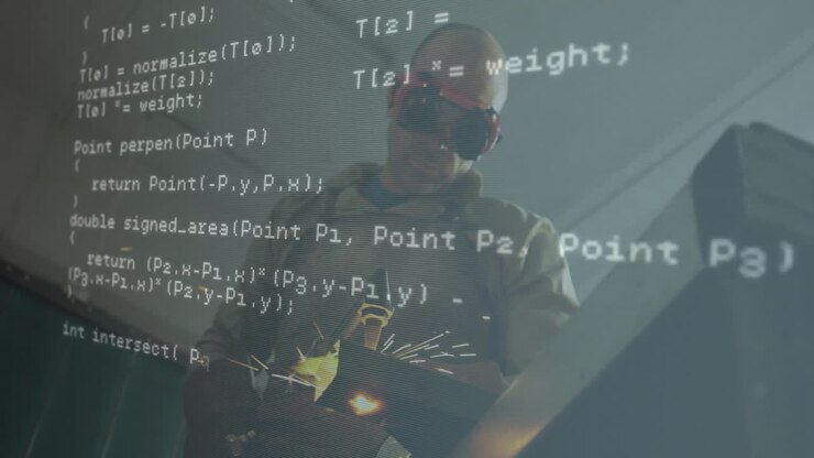 Welder shaping metal with sparking torch in industrial workshop, projector casting code onto wall