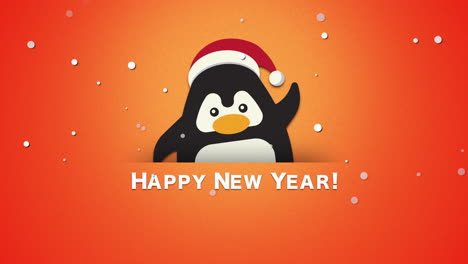 Frohes-Neues-Jahr-Text-Mit-Lustigem-Pinguin-Winken-Auf-Orangem-Hintergrund