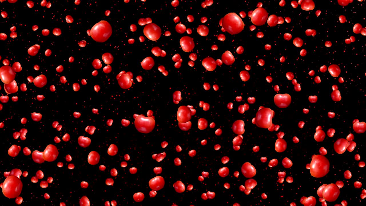 토마토는 회전하고 검은 바탕에 떨어집니다.