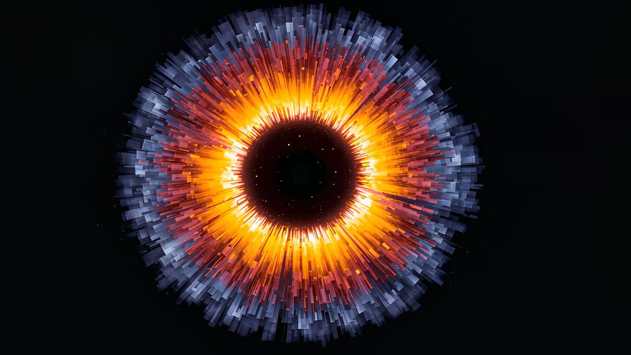 Opening visualization pulsing and expanding on canvas, with glowing orange core and grey-blue bars