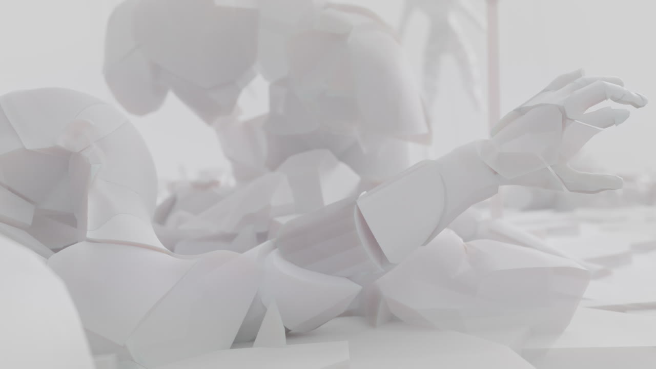 White, crushed android shells on spikes on a foggy junkyard