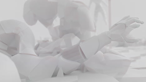 white, crushed android shells on spikes on a foggy junkyard