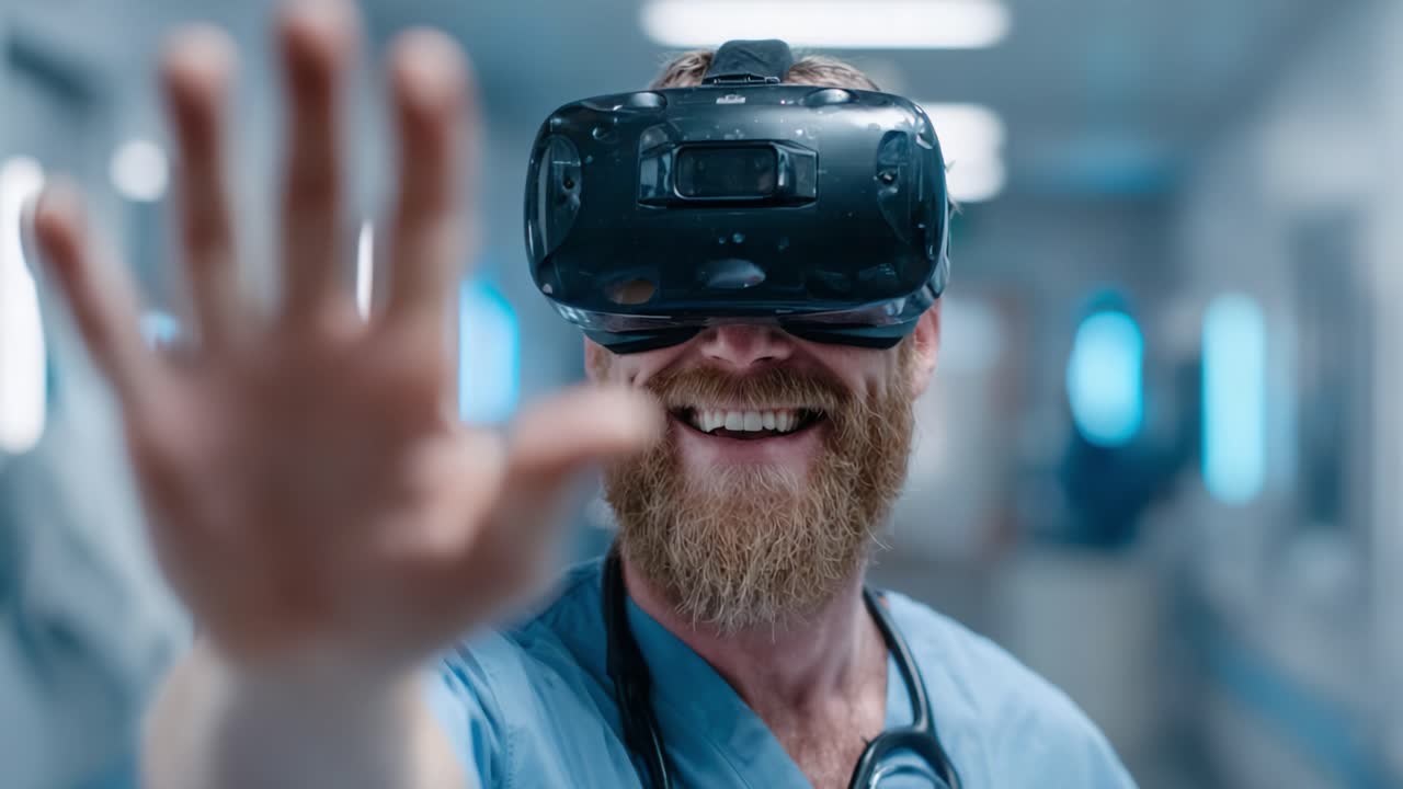 A joyful healthcare professional experiences virtual reality technology, showcasing the innovative intersection of medicine and cutting-edge digital environments
