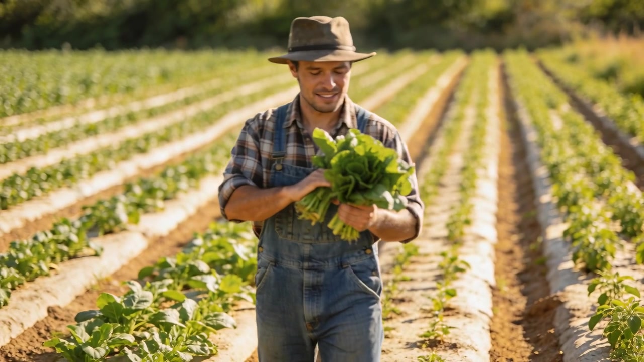 Granjero con sombrero y mono sosteniendo dos manojos e inspeccionando verduras de hoja en hileras para la cosecha.