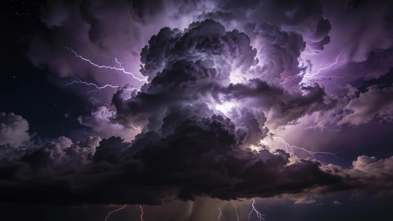 Nuvola cumulonembo carica rilascia fulmini a forcella nel cielo notturno rurale, con nucleo illuminato e pioggia.