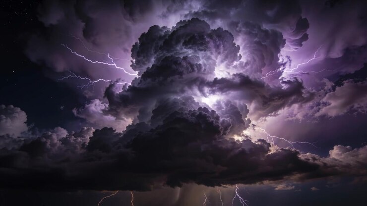 Nuvola cumulonembo carica rilascia fulmini a forcella nel cielo notturno rurale, con nucleo illuminato e pioggia.