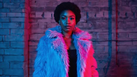 fashionable woman in fur coat posing in front of a brick wall with neon lights