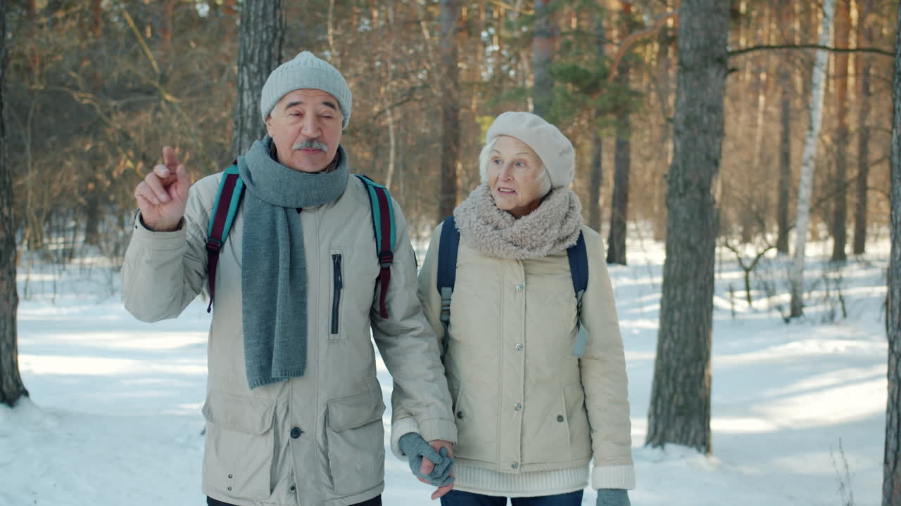 Elderly Couple Walking in a Snowy Forest