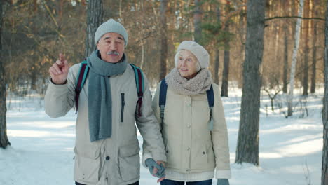 elderly couple walking in a snowy forest