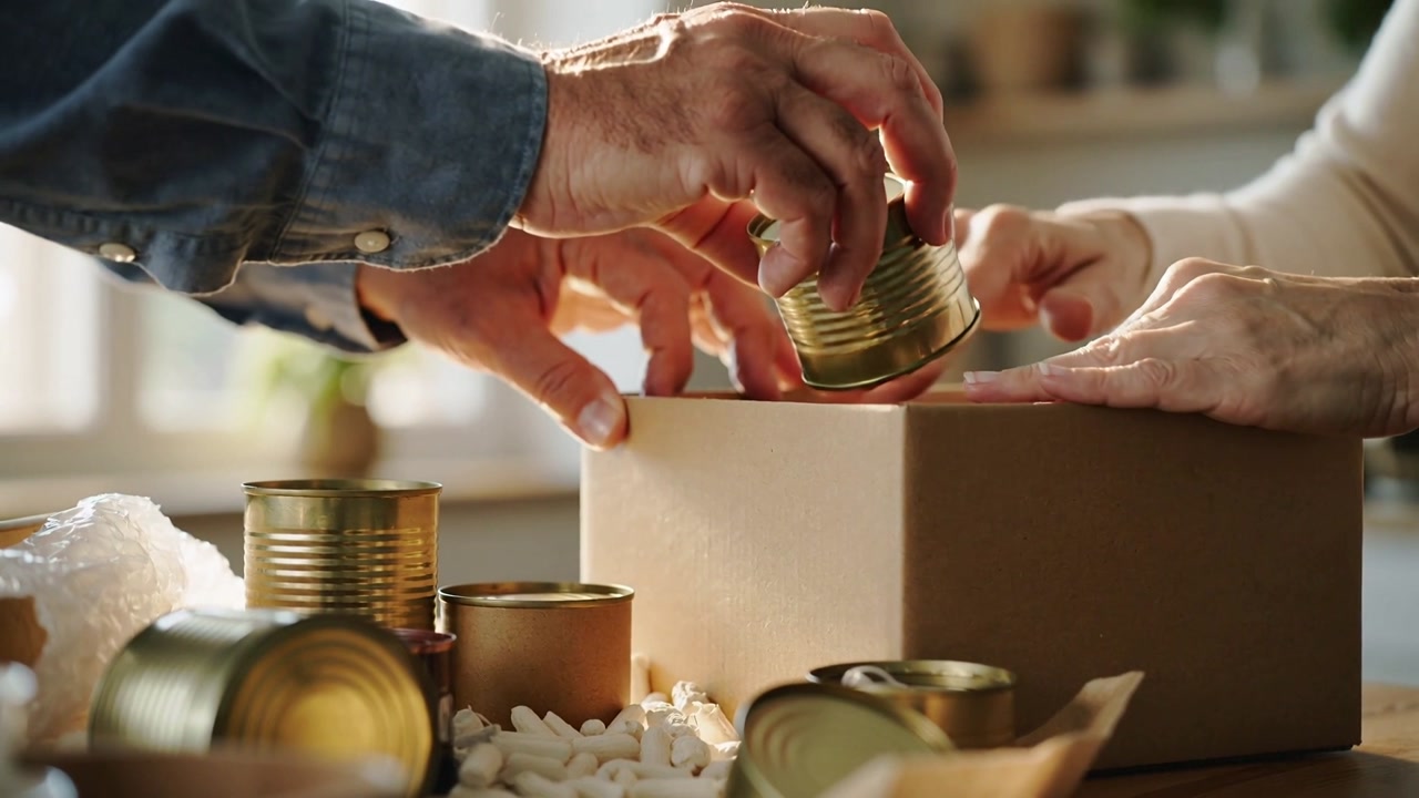 Packing pair in denim, light sweater, reaching and placing cans into box with peanuts for closing