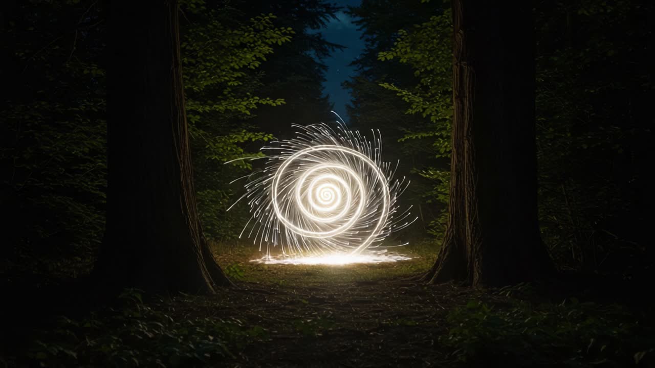 A Mesmerizing Display of Light and Nature: Illuminating Spirals Emerge Amongst Enchanting Trees in a Serene Nighttime Forest Setting