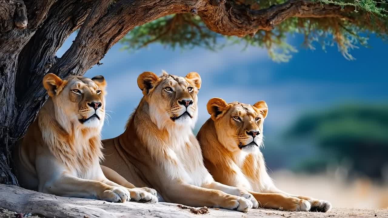 Tre leoni sotto un albero