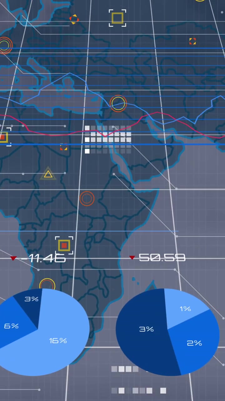 Animation of statistical data processing over world map against clouds in the sky