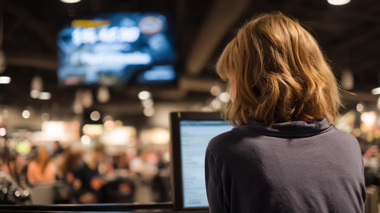 A person with shoulder-length hair seated at a counter, engrossed in a digital device, while a vibrant electronic display broadcasts information in a busy indoor setting