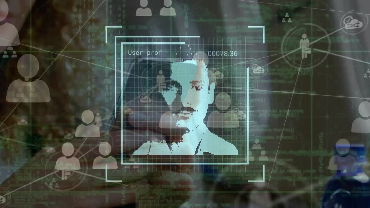 animación de cambios de iconos de perfil sobre mujer de negocios caucásica usando teléfono inteligente en un avión