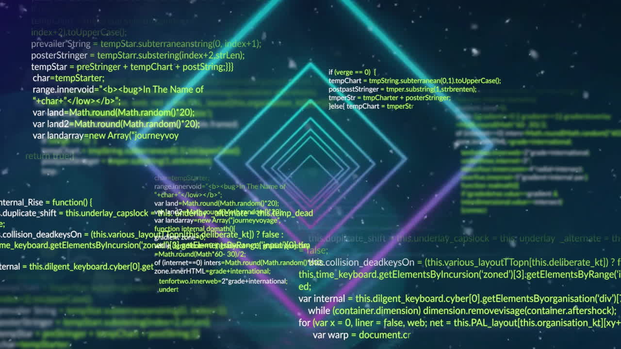 Programming code and geometric shapes animation over dark background with neon lights