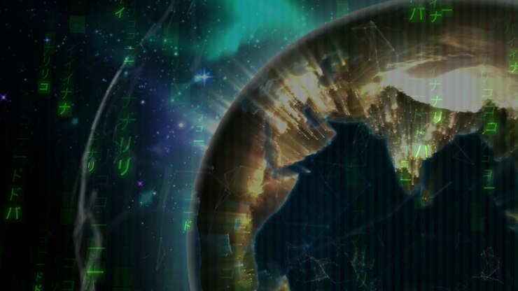 Planet rotating in space, falling green glyphs starting tech data map, city lights blooming