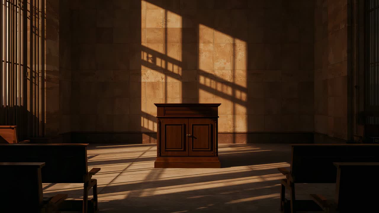 Streaming sunlight through windows casting shadows across lectern, floor in chapel, marking time