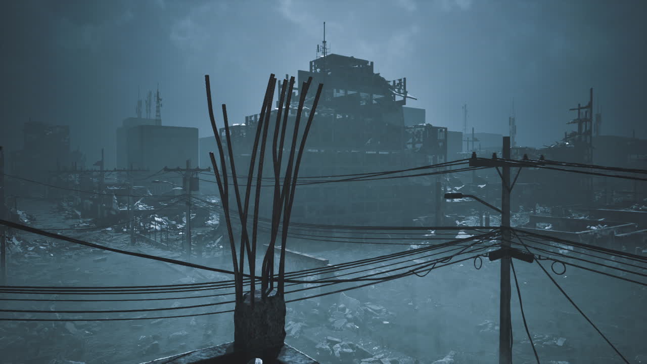 Desolate urban landscape filled with construction debris and dark clouds