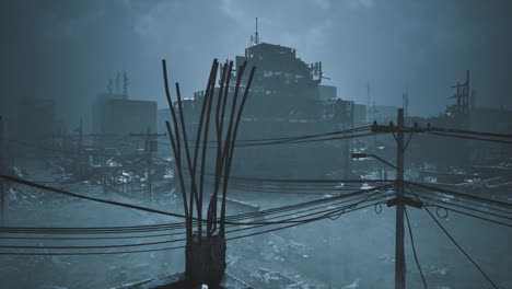 desolate urban landscape filled with construction debris and dark clouds